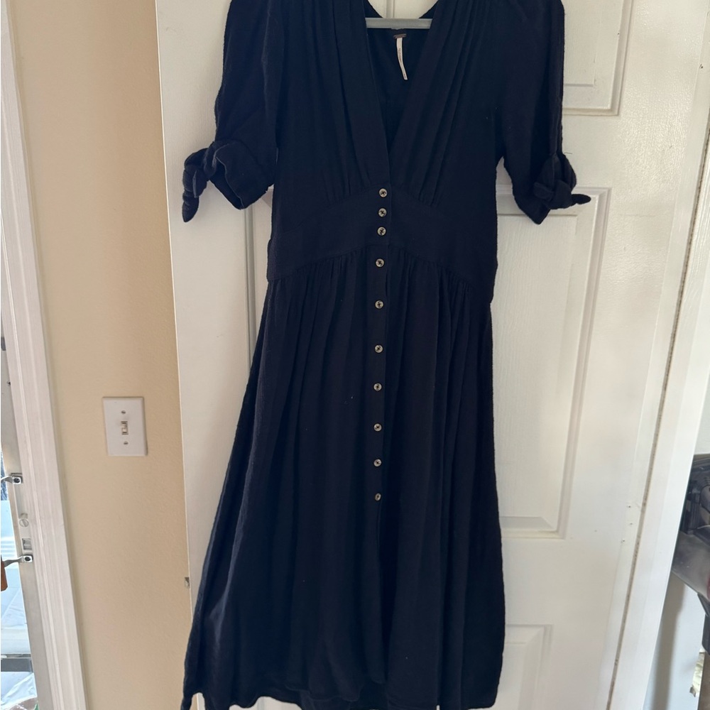 Free People Black Midi Dress with Button Detail
